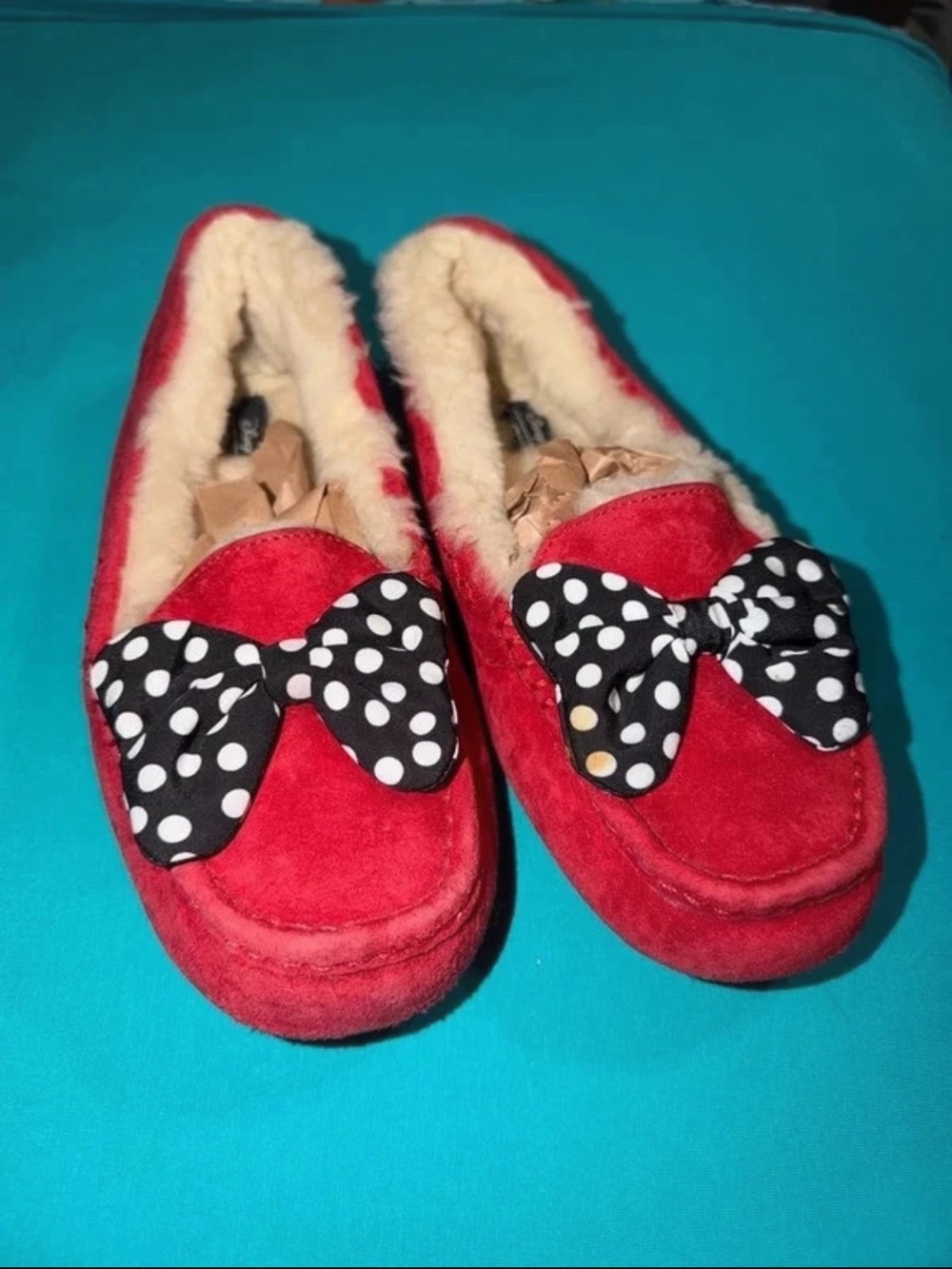 UGG Red Suede Slip-On Slippers with Polka Dot Bow